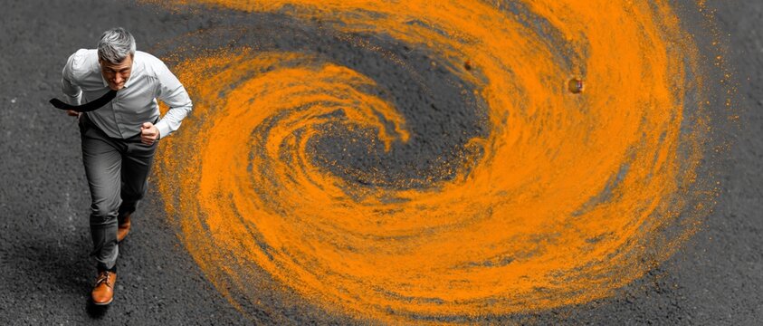 A businessman runs from a swirling orange vortex background, symbolizing economic crisis and financial instability.