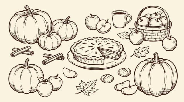Hand-drawn artistic sketch vector of autumn still life composition featuring ripe orange pumpkins, fresh organic apples, and a delicious homemade baked pie on rustic kitchen background.