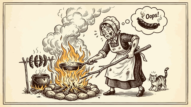 Vintage engraved illustration of a housewife in a classic kitchen dealing with a humorous culinary disaster involving flame and smoke, retro sketch of a domestic cooking accident.