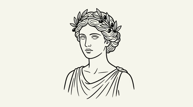 Elegant Greek goddess portrait featuring a young antique woman with an olive wreath crown, classical Roman era aesthetic, minimalist flat black outline vector illustration engraving style.