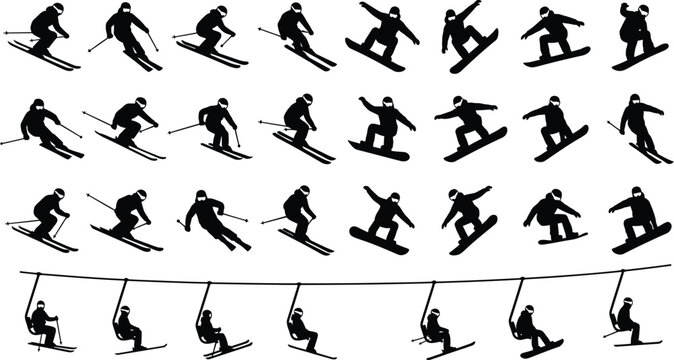 Winter sports silhouettes feature a comprehensive collection of skiers, snowboarders, and chairlifts.
