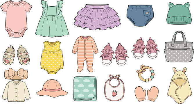 Baby Girl Clothing and Accessories Vector Icon Set with Cute Dresses Rompers Shoes Bibs and Newborn Wardrobe Elements for E-Commerce App Designs