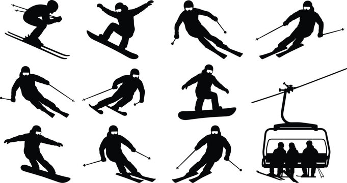 Skiers and snowboarders navigate mountain slopes in a collection of winter action silhouettes.