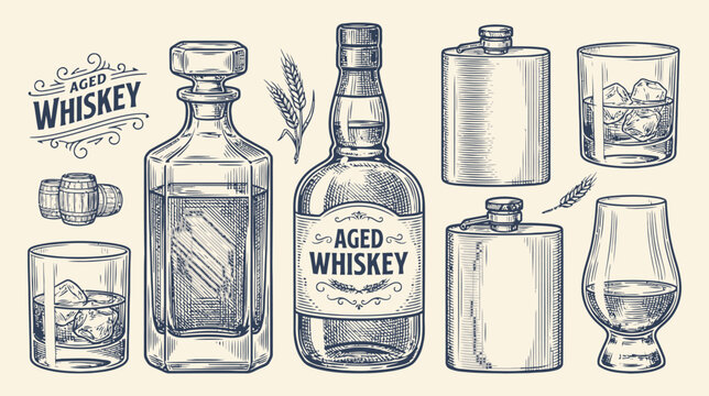 Vintage woodcut engraving of whiskey bottle and glass set, vector illustration featuring elegant bourbon decanter and drink vessels in an antique hand drawn sketch style.