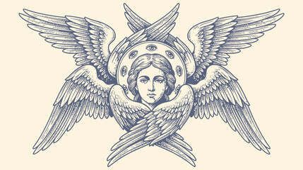 Naklejka premium Divine Seraph Angel Head with Majestic Feathery Wing in Antique Vintage Engraving Style, Celestial Biblical Guardian Cherub Vector Illustration for Religious and Mythological Design Projects.