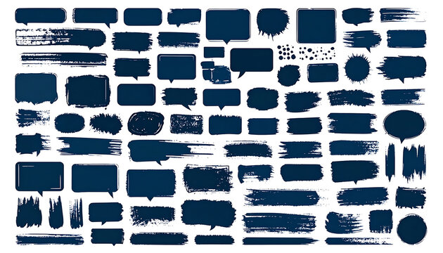Collection of dark blue textured brush stroke elements and speech bubbles, abstract graphic design shapes, isolated on white