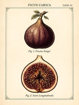 Vintage botanical illustration of ficus carica showing whole fig fruit and cross section