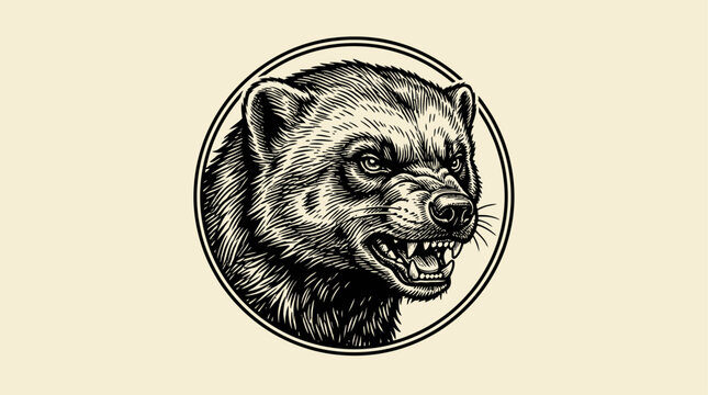 Vintage retro engraving of an angry wolverine head, black monochrome icon logo label, isolated ferocious animal mascot illustration for wilderness, hunting, and outdoor adventure sport design.