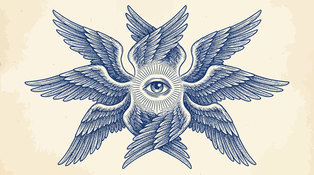 Mystical Seraphim Winged Eye Celestial Engraving Vector Illustration, Divine Biblical Angelic Vision in Vintage Etching Style, Ancient Occult Symbolism Graphic Art for Spiritual Esoteric Design