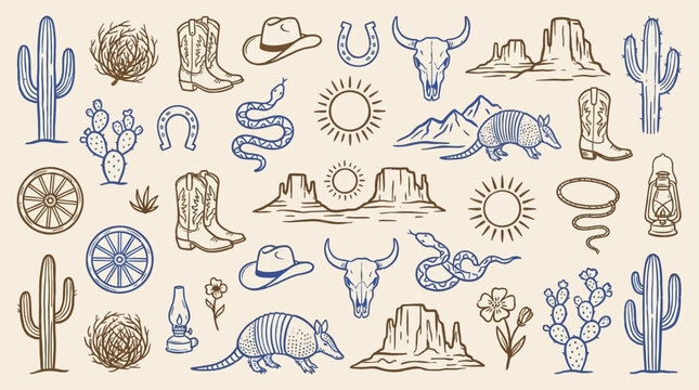 Minimalist Western Desert Symbols Set Featuring Folk Vector Illustration of Cacti, Sun, Mountains, and Tribal Motifs in a Hand-Drawn Bohemian Style for Creative Graphic Design Projects.