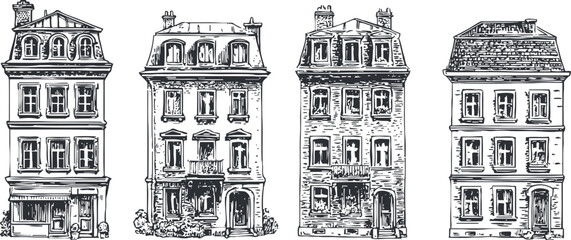 Obraz premium vintage engraving set of urban buildings with intricate architectural details and classic facades