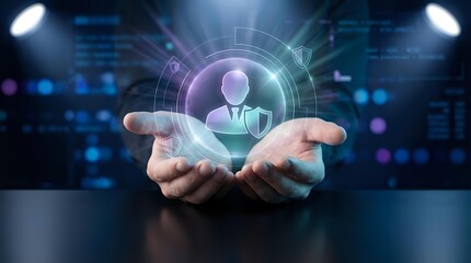 Fototapeta premium Hands holding holographic businessman avatar with digital interface and network connections for business technology concepts.