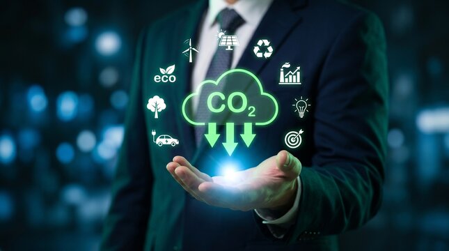 Businessman holding a glowing co2 cloud icon with environmental and sustainability icons, representing carbon footprint reduction and green energy