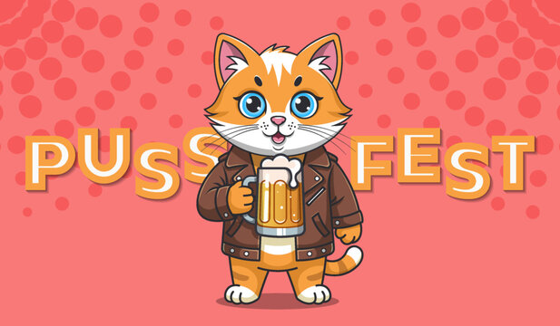 Vector cartoon of cute festive smiling fashionable ginger cat, standing with large glass mug of beer and wearing leather jacket. Beery is alcohol drink. Cheerful drunk puss. Toon pet and beverage