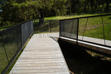 Obraz premium Path with gentle curves and safety features. Inclusive outdoor route with safety rails and natural scenery. Elevated walkway featuring mesh barriers and surrounded by trees and light