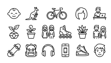Fototapeta premium Young Lifestyle Outline Icons Set with Youth Activities People Relationships and Nature Symbols