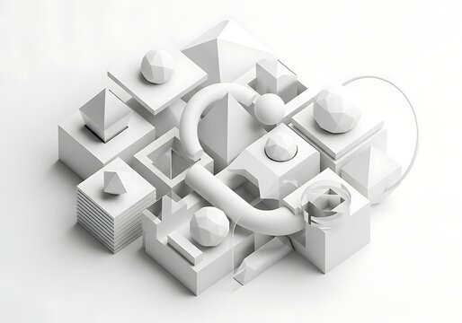 Close-up view of white geometric puzzle pieces scattered.