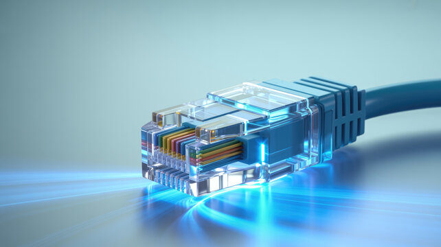 Blue ethernet cable connector glowing with digital data transfer light effect concept