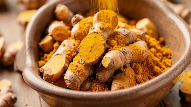Golden turmeric roots sit in a rustic bowl. Powder cascades over fresh, earthy roots. Bowl rests on a warm, textured surface. Natural light highlights spice's rich hue. Roots show rough skin