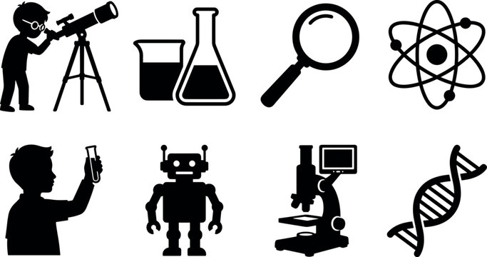 Science and STEM education icon set featuring kids experimenting with microscope telescope robot and DNA silhouettesScience and STEM education icon set featuring kids experimenting with microscope tel