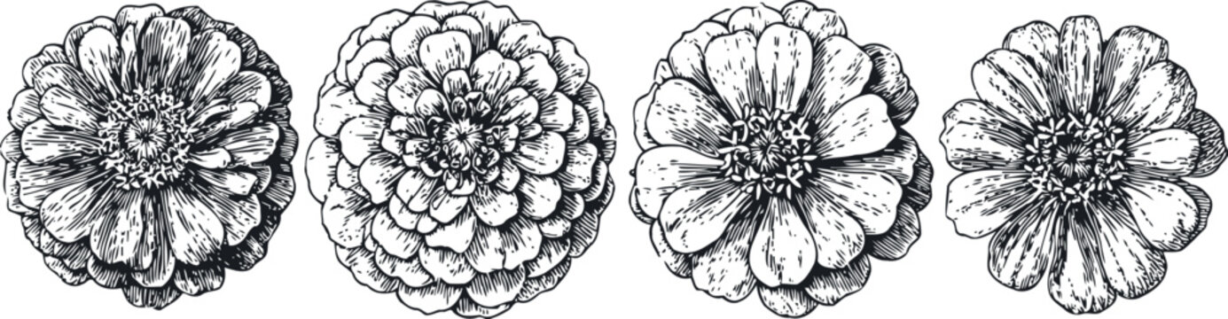 Hand drawn zinnia flowers botanical vintage line art detailed floral sketch set