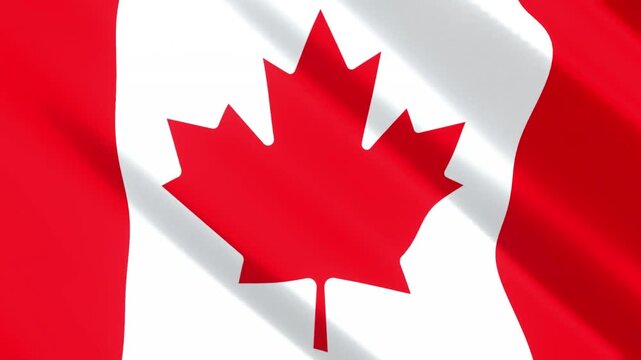 Waving flag of Canada with red maple leaf and stripes, close-up texture details of the Canadian national symbol blowing in the wind