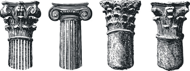 Fototapeta premium engraving ancient greek and roman classical architectural column capitals set