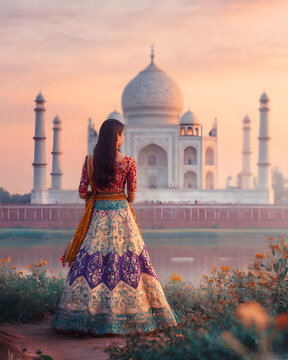 Traditional Indian Woman Admiring Taj Mahal at Sunrise in Agra India