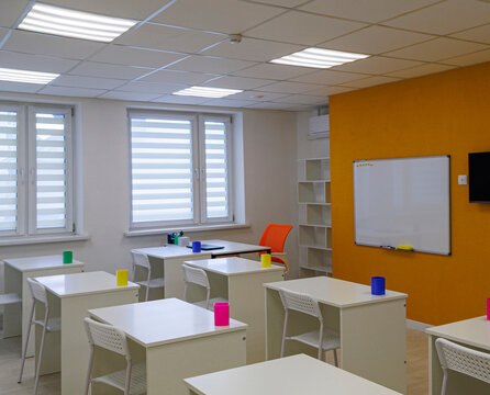 Modern classroom interior in a children&rsquo;s educational center, ready for learning and development.
