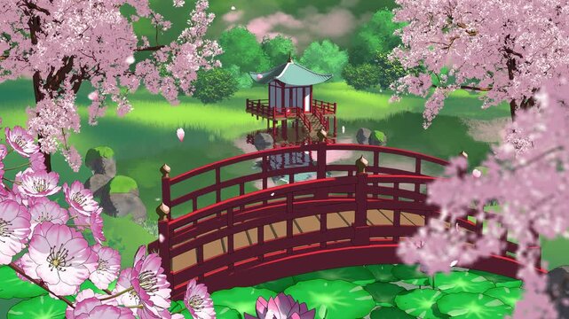 Japanese Garden with Sakura and Red Bridge &ndash; Spring Pond Loop 4K