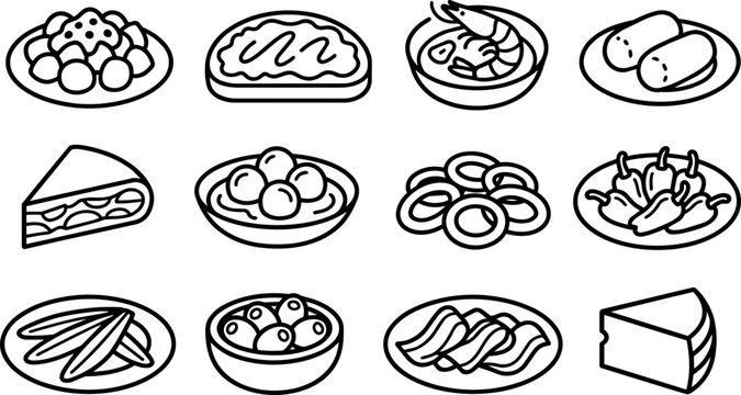Classic Spanish Tapas Line Art Icon Set