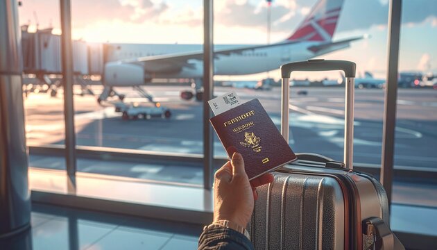 View of a traveler holding a passport with a plane ticket inside an airport terminal, against the backdrop of large windows showing planes on the runway at sunset