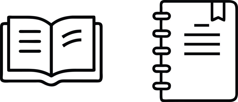 Pair of minimalist open book and spiral notebook line icons for school supplies study resources and editorial layout design elements in black outline.