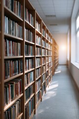 Obraz premium Long Aisle of Bookshelves in a Library with Sunlit Hallway and Warm Light