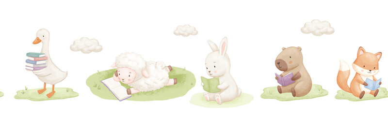 Seamless border with cute animals, watercolour illustrations for baby design, sheep, goose and capybara reading book on nature. Hand drawn childish illustrations on isolated background