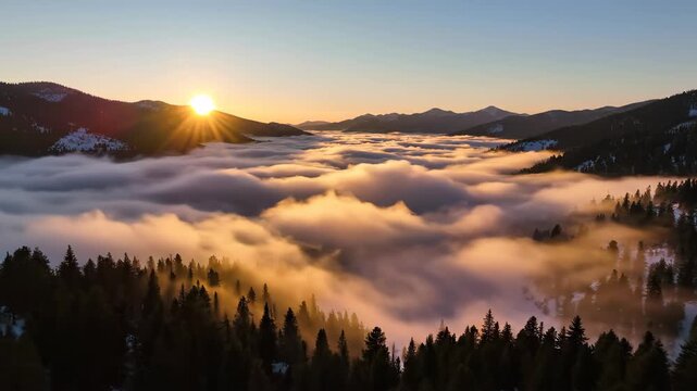 Morning fog valley timelapse sunrise loop, dense white fog sea in low valley with trees poking through, sunrise warming fog top, cinematic inspirational footage for travel nature brand video.