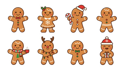Fototapeta premium Cute gingerbread man cookies set with festive christmas decorations