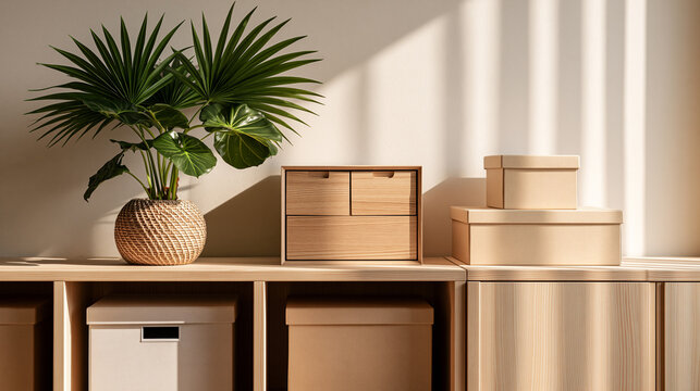 木棚に収納ボックスと観葉植物が並ぶ整理棚