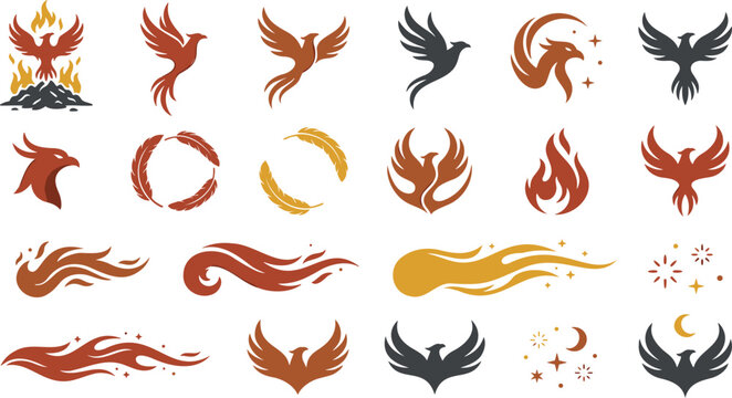 Abstract phoenix logo vector set featuring minimalist firebird silhouettes burning flames celestial moon star elements and feather wreaths isolated on white background