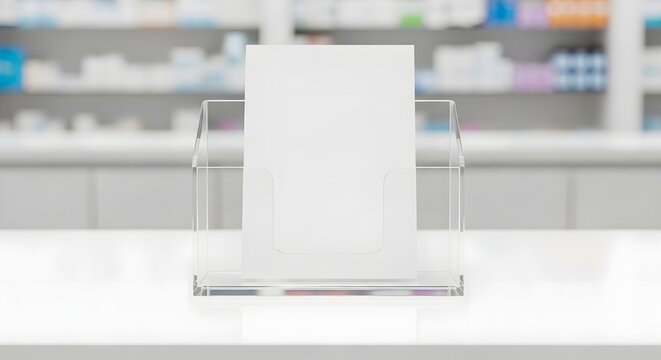 Blank white paper in clear acrylic display stand on pharmacy counter with blurred background of medicine shelves.