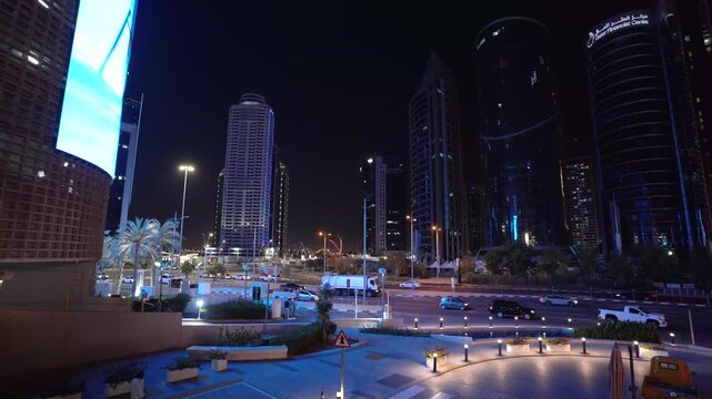 Night Street View of Modern Skyscrapers in Doha West Bay
