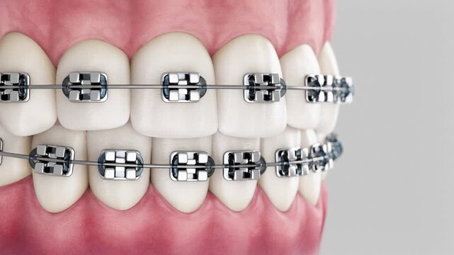 Close-up dental visualization of dental brackets. 3d animation