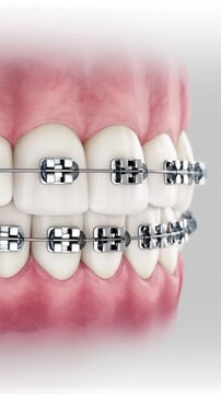 Close-up dental visualization of dental brackets. 3d animation