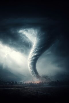 Tornado, twister, weather, natural disaster. A dramatic portrayal of a stormy landscape. The main subject is a swirling vortex of dark, stormy clouds.