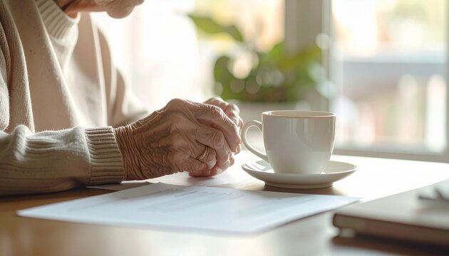 A close-up photo shows an elderly person's wrinkled hands clasped together on a wooden table, showing a contemplative or anxious expression as he reviews an important document. Beside him there isp