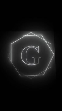 Letter g animation in geometric frame. Letter g white neon alphabet symbol. Letter g technology interface graphic on black background for design.