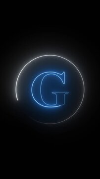 Letter g animation inside neon circle. Letter g blue digital alphabet symbol. Letter g technology interface graphic on black background for design.