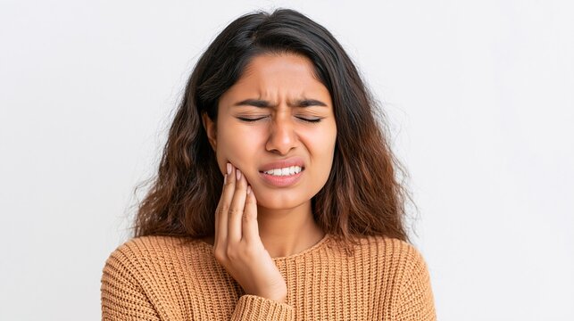 Woman shows tooth pain, holding jaw, wearing knitted sweater, plain background. She grips her cheek with concern