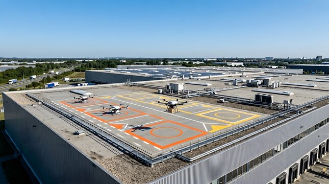 commercial drone delivery hub on warehouse rooftop supporting autonomous last mile logistics operations and future ecommerce fulfillment infrastructure with strategic copy space