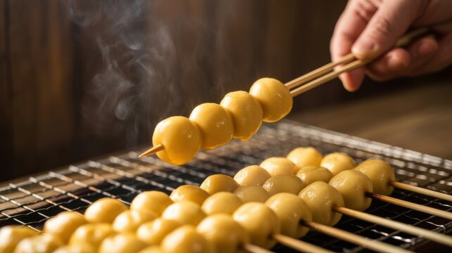 Close up of traditional Japanese Mitarashi dango roasted on a wire rack with rising steam
